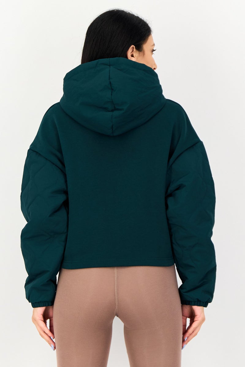 Reebok هودي خارجي طويل الأكمام للنساء، لون أخضر داكن - Image 2